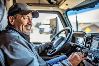 Relaxed driver smiles while operating the navigation system in the truck, AI generated, AI