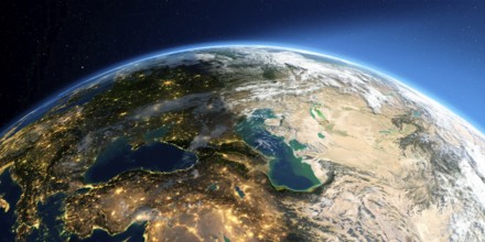 Highly detailed Earth with atmosphere, exaggerated relief and light-flooded cities. Transition from