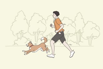 Spending time and sport with pets concept. Young smiling man running jogging in park with his dog