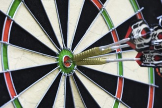 Metal-tipped darts stuck in a competition dartboard