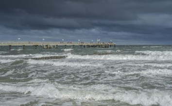 Storm, bad weather, waves, beach, Baltic Sea, pier, Kühlungsborn, Rostock district,