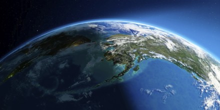Highly detailed Earth with atmosphere, exaggerated relief and light-flooded cities. Transition from