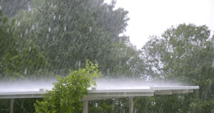 Raining over a white roof in a hurricane storm, trees in background