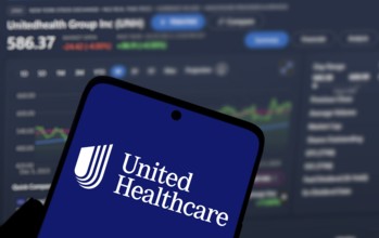 Dhaka, Bangladesh- 06 Dec 2024: UnitedHealthcare logo is displayed on smartphone. UnitedHealth