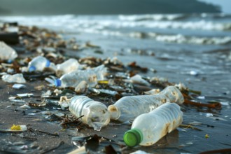 Plastic waste covers a beach and pollutes the natural environment, depressing atmosphere, AI