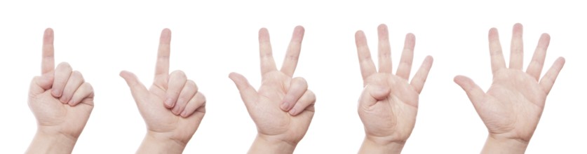hand signs: one, two, three, four, five