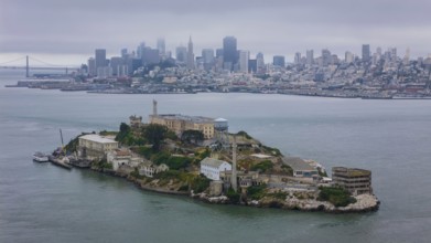Aerial view of United States Penitentiary, Alcatraz Island, shows a historic maximum-security