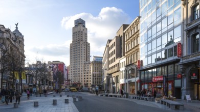 Antwerp, main shopping street Meir behind Boeren Toren tower block (farmer's tower - agricultural