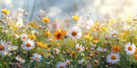 Illustration of a beautiful colourful flower meadow with a blue sky and impressive clouds. Depicted