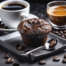 A cup of black coffee and a chocolate muffin with scattered coffee beans and a spoon, AI generated