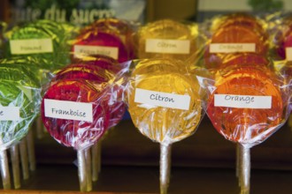 Sweet French fruit lollipops in different colors