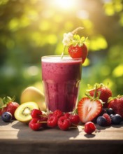 Fresh fruit shake in a glass, smoothie, milkshake, wild berry, strawberry, blueberry, raspberry,