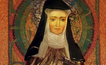 Figure of Hildegard of Bingen, Sibyl of the Rhine, 1098 – 1179, German Benedictine abbess and
