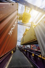Crane loading containers onto a train in the Port of Duisburg, Terminal D3T, Logport l, Rhine,