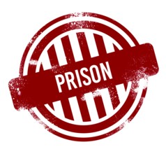 Prison, red grunge button, stamp
