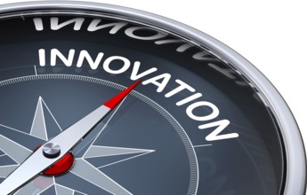 3D rendering of a compass with a innovation icon