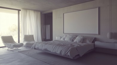 A modern minimalist bedroom with muted colors, concrete walls, a large bed, and plenty of natural