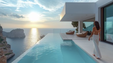 Attractive woman on the terrace of a villa in the style of Mediterranean modernism. Infinity pool