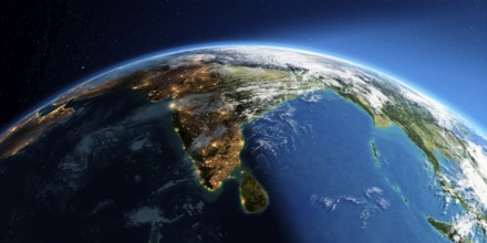 Highly detailed Earth with atmosphere, exaggerated relief and light-flooded cities. Transition from
