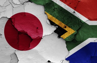 Flags of Japan and South Africa painted on cracked wall