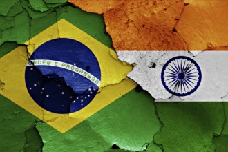 Flags of Brazil and India painted on cracked wall