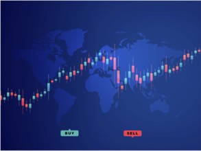 Buy and sell trading crypto candlesticks blue background