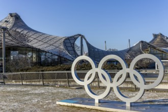 Sculptures of the Olympic rings and in the background the Olympic site with the Olympic buildings