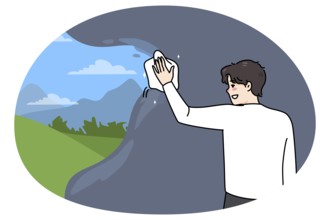 Smiling man clearing view with rag. Person overcome depression and mental problems. Concept of