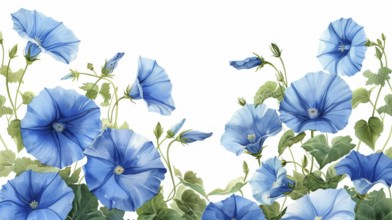 Watercolor painting of blue flowers with green leaves on a white background, AI generated