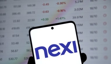 Dhaka, Bangladesh- 28 Nov 2024: Nexi logo is displayed on smartphone.Nexi S.p.A. is an Italian bank