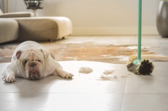 Bulldog dog looking at dirt from the ground, sweeping dog hairs from the floor