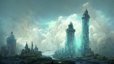 Illustration of Atlantis, acient civilization, history and mythology, legend city sunken under the