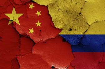 Flags of China and Colombia painted on cracked wall