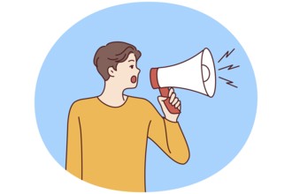Young man with loudspeaker shouting about deal or promotion. Male hold megaphone make announcement