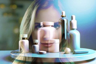 AI generated Futuristic image Futuristic image Close-up of cosmetic bottles, with a blurred image