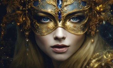 Beautiful young woman in a Venetian mask at the masquerade. ai generative, AI generated