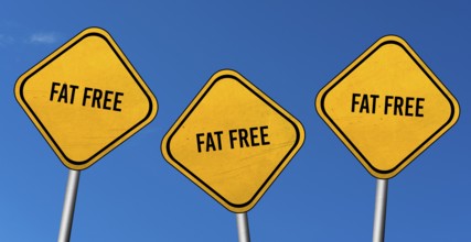 Fat free, yellow signs with blue sky
