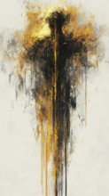 Ethereal abstract of a figure appearing to levitate with golden and black strokes, AI generated