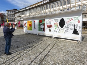 Display of feminist artworks, Largo do Toural, Toural square, city of Guimaraes, northern Portugal