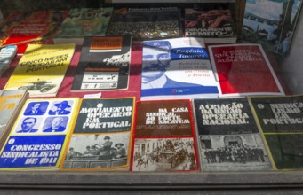 Secondhand History books on display inside window of Loja do Julio bookshop, Guimaraes, Portugal,
