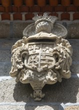 Stonework carving of noble family coat of arms, 15 Rua de Donas, city of Guimaraes, northern