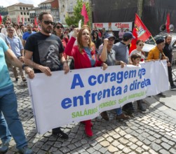Political rally and march for May Day in city of Guimaraes, Braga district, northern Portugal,