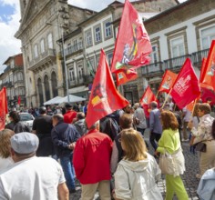 Political rally and march for May Day in city of Guimaraes, Braga district, northern Portugal,
