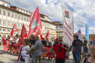 Political rally and march for May Day in city of Guimaraes, Braga district, northern Portugal,