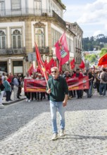 Political rally and march for May Day in city of Guimaraes, Braga district, northern Portugal,