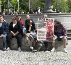 May Day political poster, Largo do Toural, Toural square, city of Guimaraes, northern Portugal