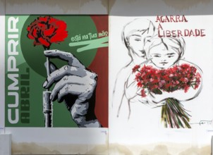 Display of feminist artworks, Largo do Toural, Toural square, city of Guimaraes, northern Portugal