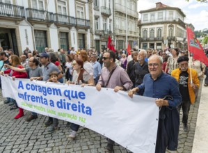 Political rally and march for May Day in city of Guimaraes, Braga district, northern Portugal,