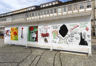 Display of feminist artworks, Largo do Toural, Toural square, city of Guimaraes, northern Portugal