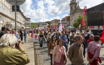 Political rally and march for May Day in city of Guimaraes, Braga district, northern Portugal,